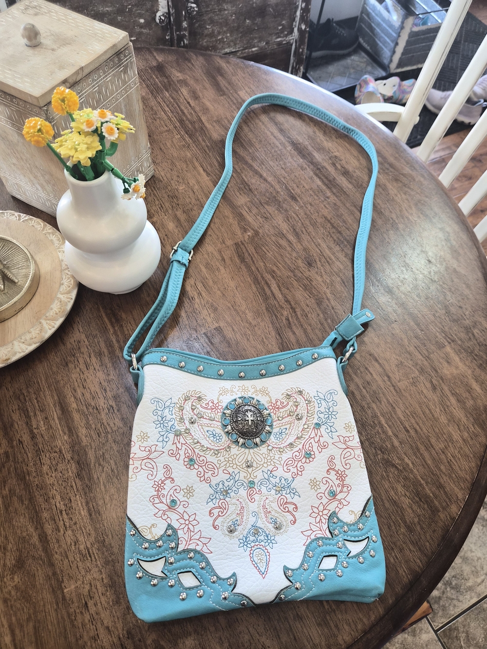 Turquoise & White Embroidered Crossbody Bag